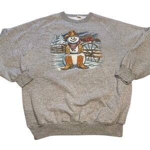 Vtg 90s Cowboy Snowman Graphic Sweatshirt Womens XL Winter Farm Scene Pullover